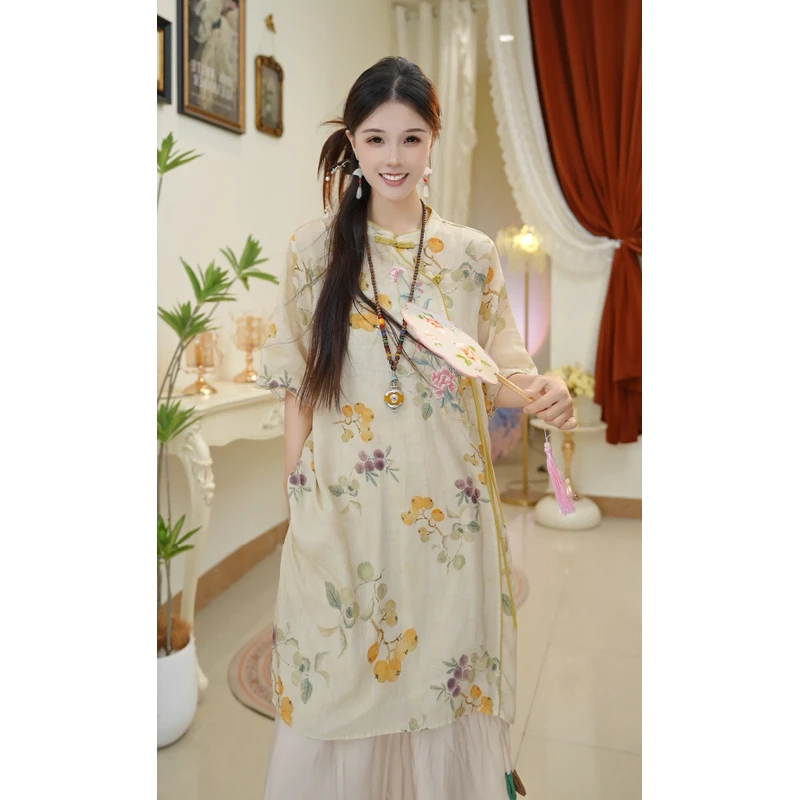 2025复古苎麻印花刺绣中长款连衣裙女夏新款文艺新中式气质上衣