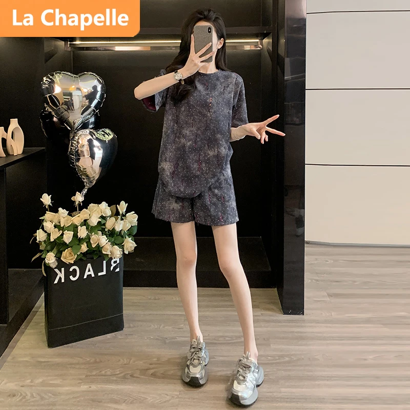 拉夏贝尔高级感气质休闲套装女夏季松弛显瘦灰色短袖T恤短裤两件