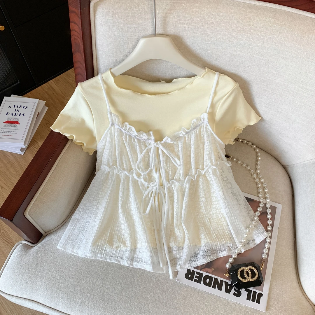 韩系叠穿系带蕾丝吊带短袖T恤两件套女夏季新款木耳边上衣