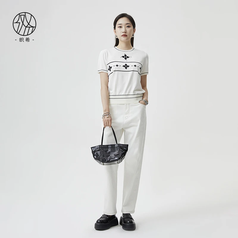 织希TESSITI | 春季新款时尚百搭经典老花四叶草钉珠短袖针织衫