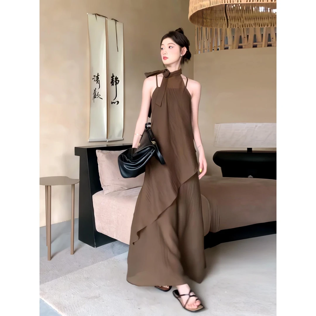 VOCKOO官方高级感冷淡系吊带连衣裙两件套装女夏季亚麻肌理感不规