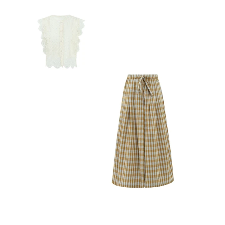 【橘子】高品质-4278衬衫花边格子半身裙女套装