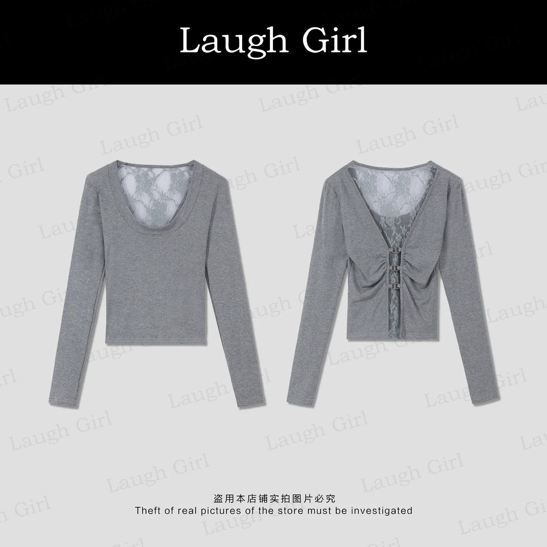楚楚君 Laugh girl【蕾丝轻语】设计款后镂空蕾丝长袖T恤TL531025J
