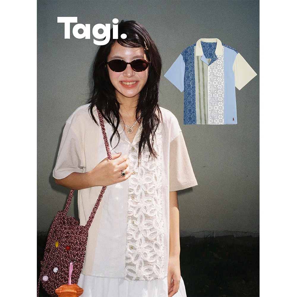 Tagi.想象i拼接短袖衬衫古巴领复古立体小花蕾丝度假休闲百搭沙滩