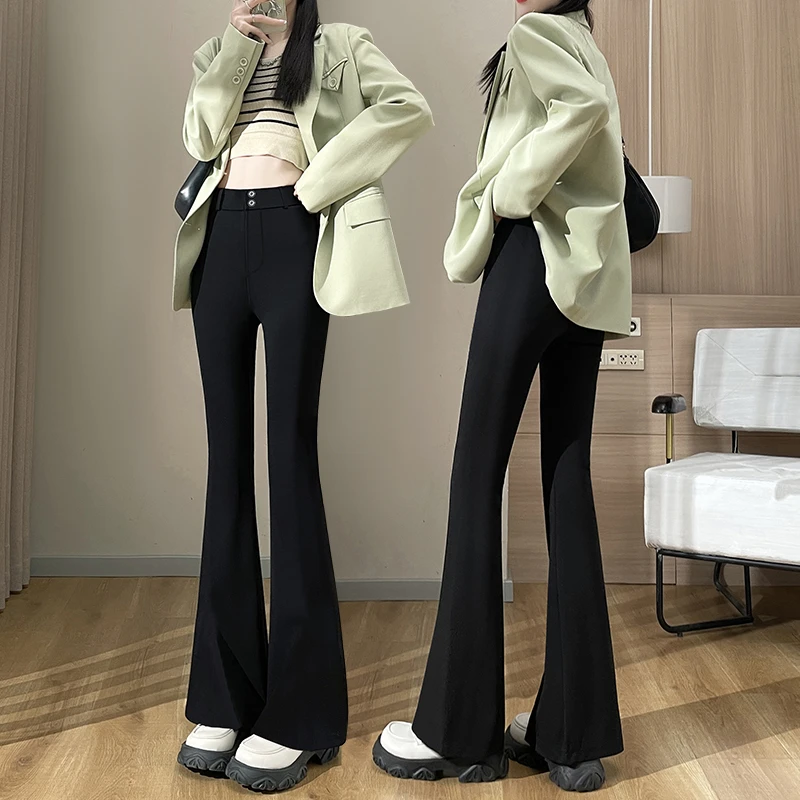 加绒加厚黑色高腰微喇裤女秋冬季加长裤子高个子直筒喇叭裤西装裤