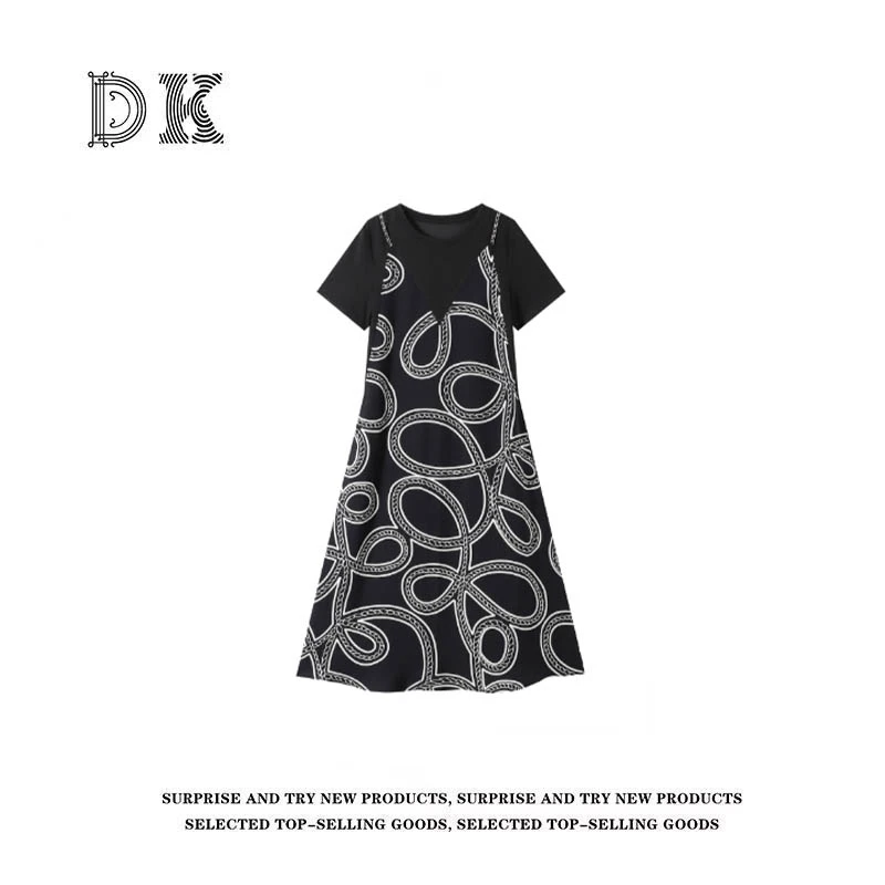 DK 2025夏季女装 拼接假两件复古印花圆领短袖连衣裙 52208