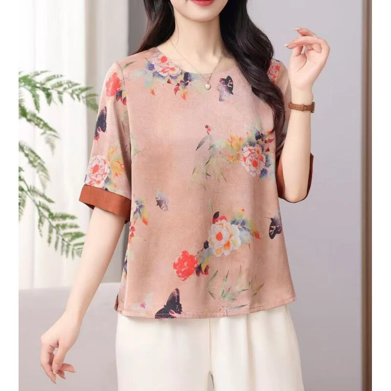 新款上新妈妈夏装新款圆领花色薄衬衣中老年人夏外穿衬衫女A118