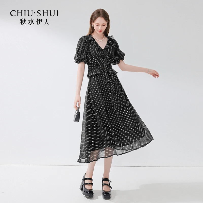 【直播】秋水伊人法式波点裙子套装夏季新款女雪纺衫半身裙一整0223