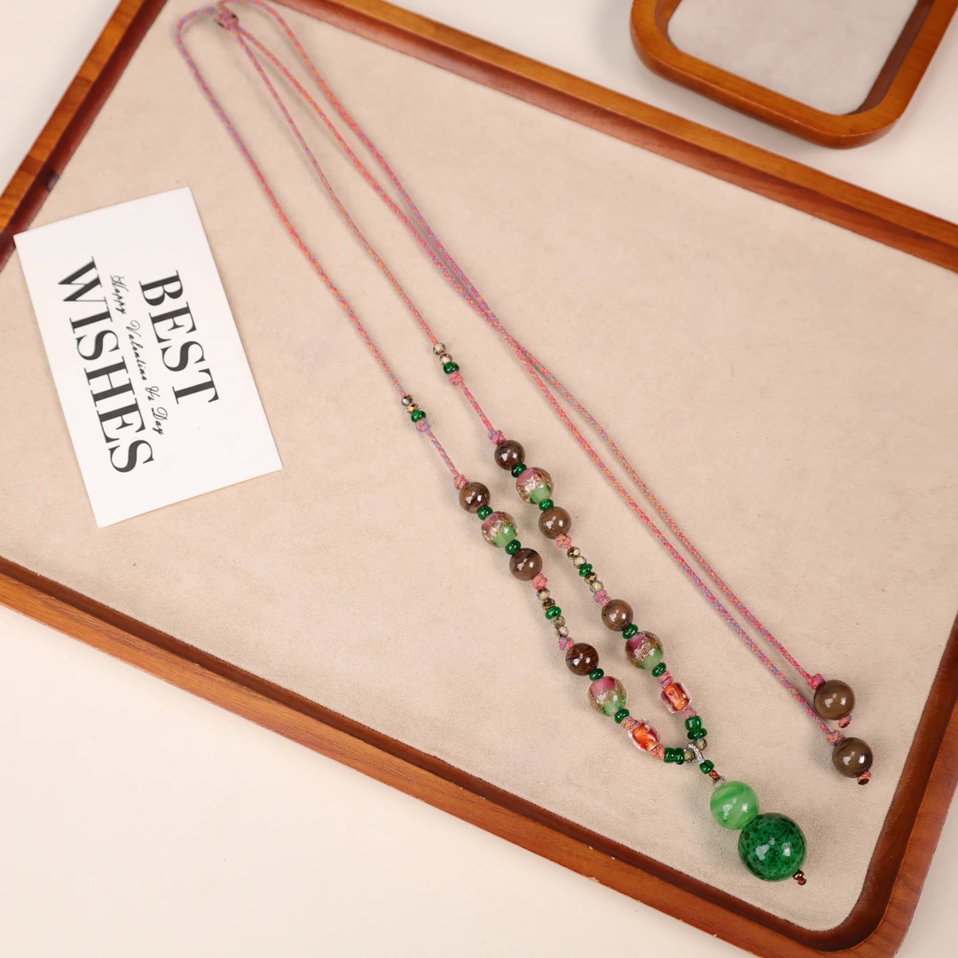 合金项链 LZ2815绿蛙大珠金红料西瓜粉绿女娲大地色绳编琉璃项链