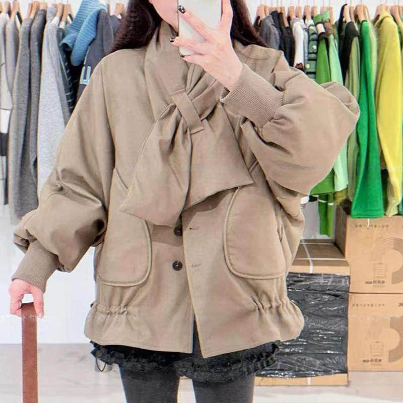 冬季新款围巾领休闲保暖棉服女韩系收腰单排扣宽松厚面包服外套女