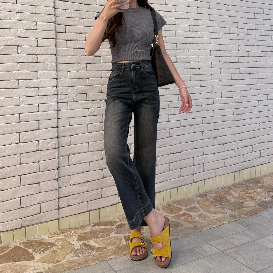 【不加绒+弹力+2颜色可选】春秋复古茶蓝色气质弹力牛仔直筒裤9219