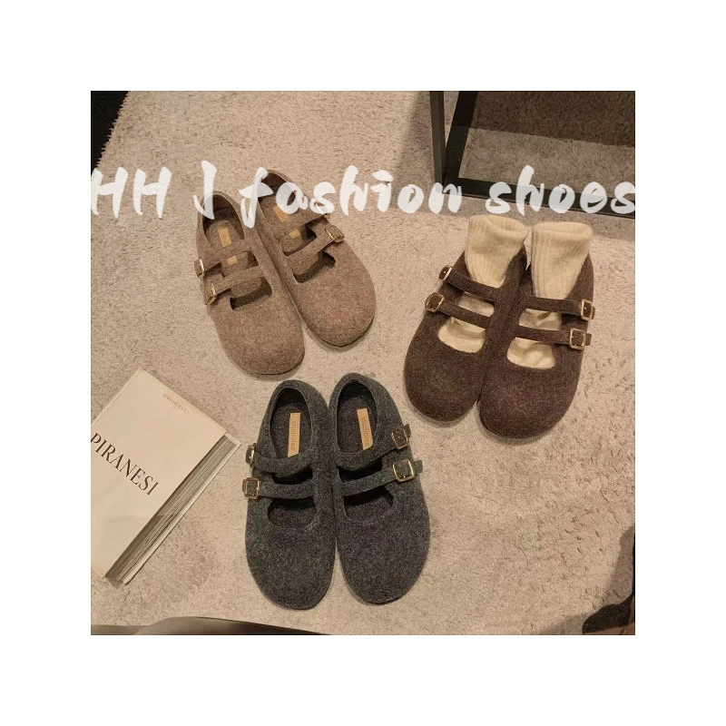 网红版复古双排扣毛呢平底玛丽珍鞋女单鞋冬季加绒保暖棉鞋毛毛鞋