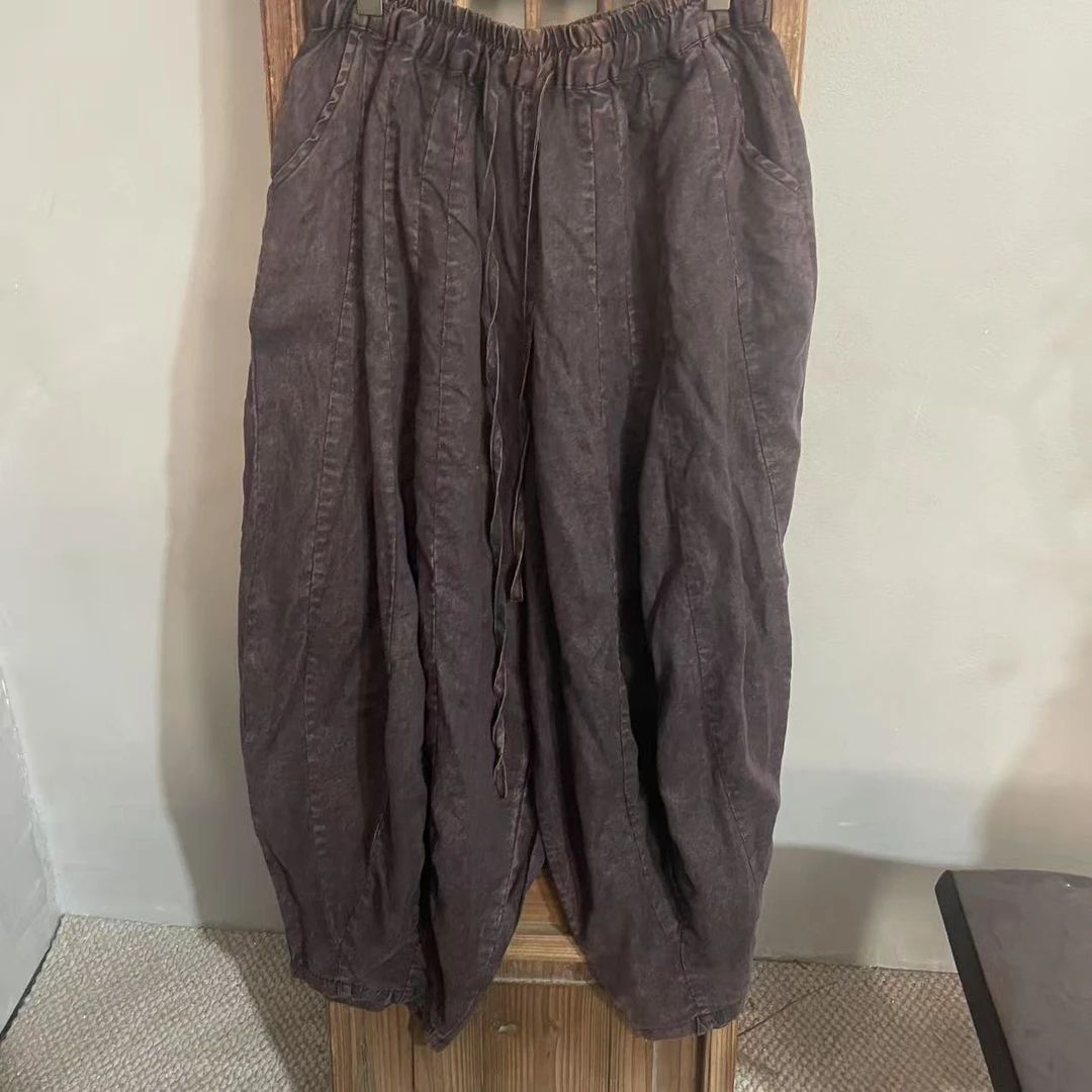 MX23015亚麻95公分炒色厚织亚麻拼接南瓜裤松紧腰休闲宽松