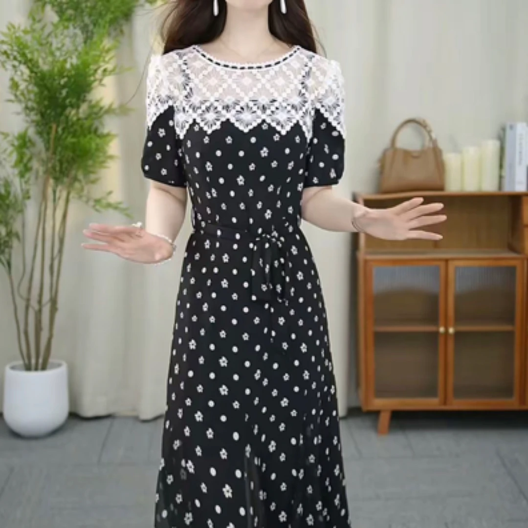 波点纹蕾丝点缀优雅复古收腰大摆裙