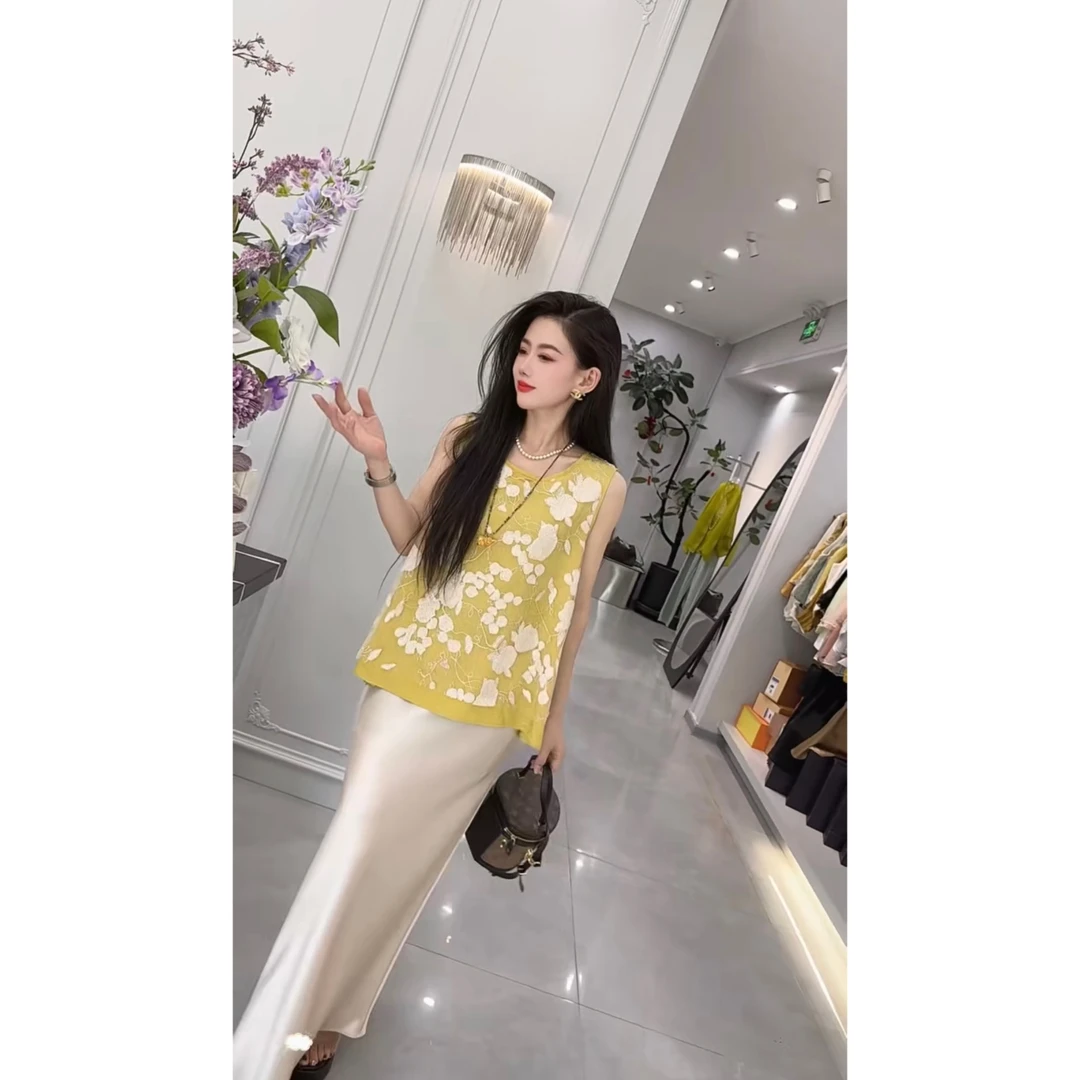 ［文静家］夏季时尚刺绣拼接蕾丝双层无袖背心上衣女