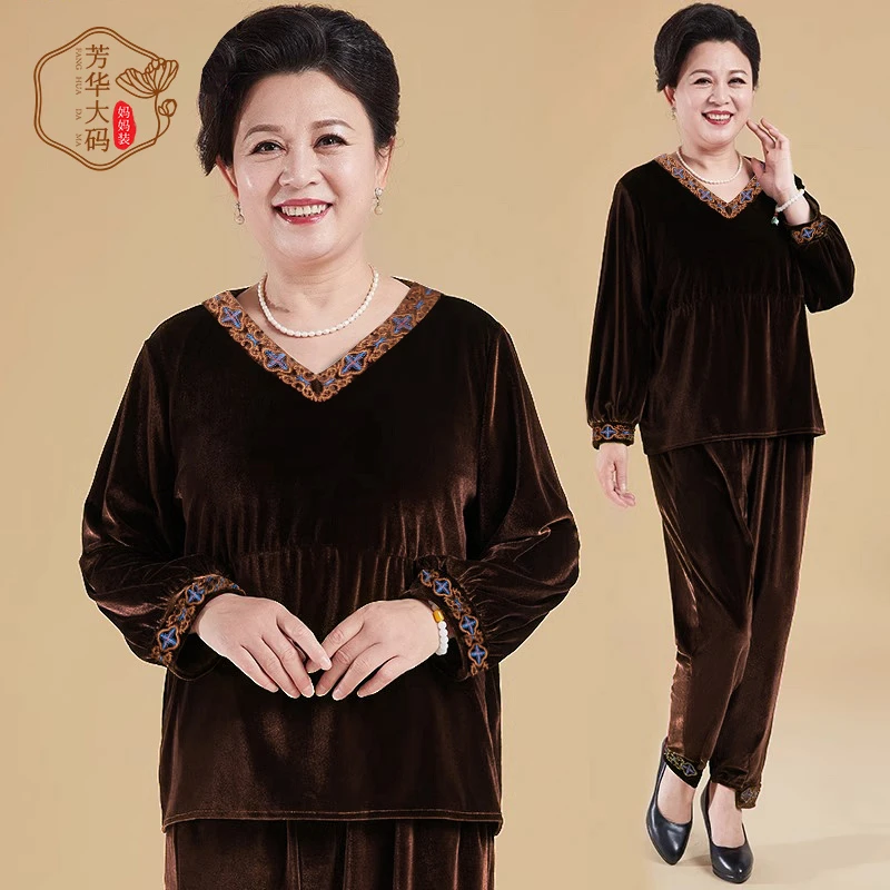 宽松型修身型圆领V领中老年女装民族风金丝中老年