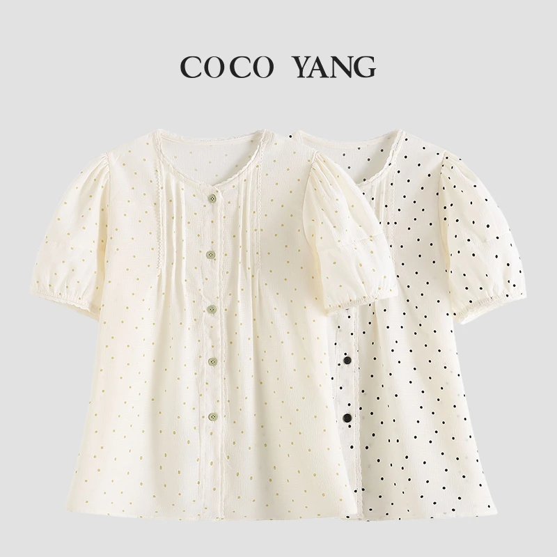 夏季女大童波点衬衫甜美蕾丝花边领气质时尚百搭T恤-YH416