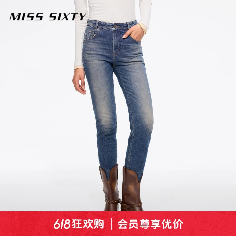 【进口牛仔面料】Miss Sixty2025春季新款牛仔裤女复古磨破铅笔裤