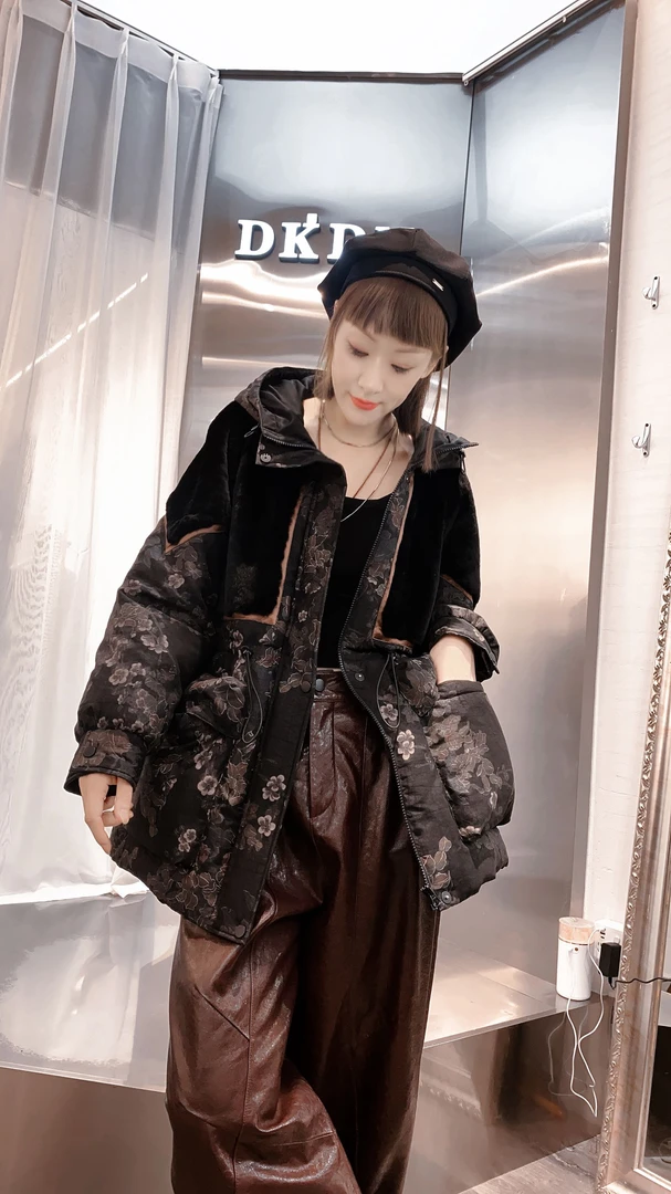 86176-1鹅绒服连帽时尚宽松中长款加厚洋气休闲百搭收腰潮流带帽