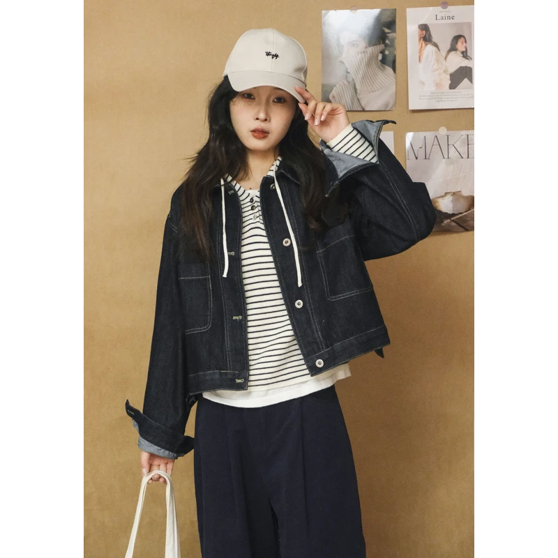 商场同款 百武西“格力高”复古文艺撞色线水洗牛仔短外套女1554