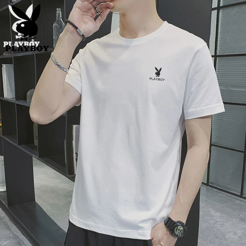 花花公子夏季纯棉短袖t恤男士白色圆领衣服2024新款半袖