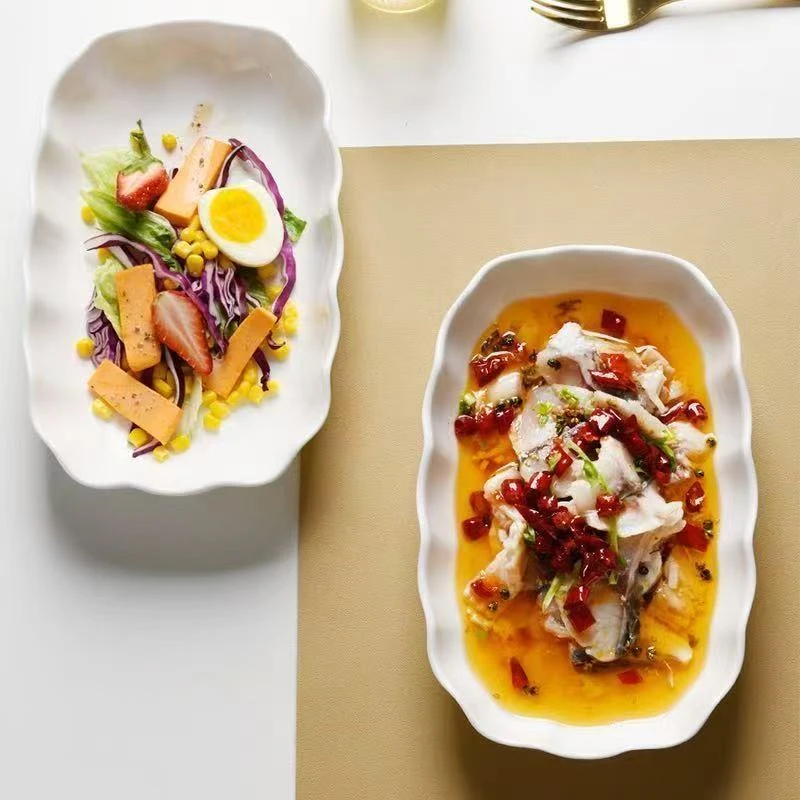 瓷县令10英寸异形荷叶花边长方盘1只装家用北欧陶瓷创意高颜值餐