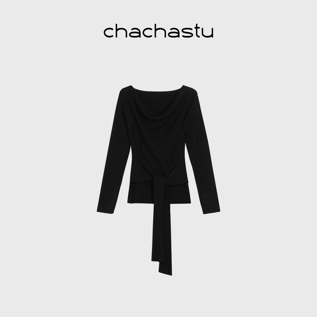 CHACHASTU长袖U型领修身型常规系带绑带不规则抽绳百搭CHT174