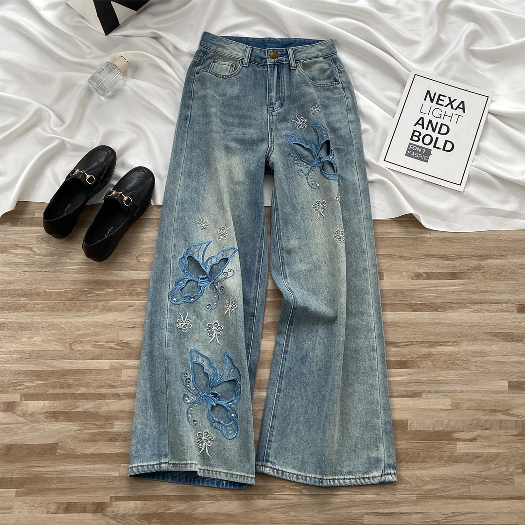 韩系博主穿搭！镂空蝴蝶破洞阔腿牛仔裤女2025新款高腰显瘦直筒裤