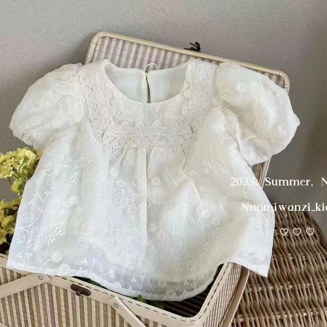 童装女童2025夏季蕾丝刺绣温柔短袖娃娃春季衬衫泡泡袖洋气圆领
