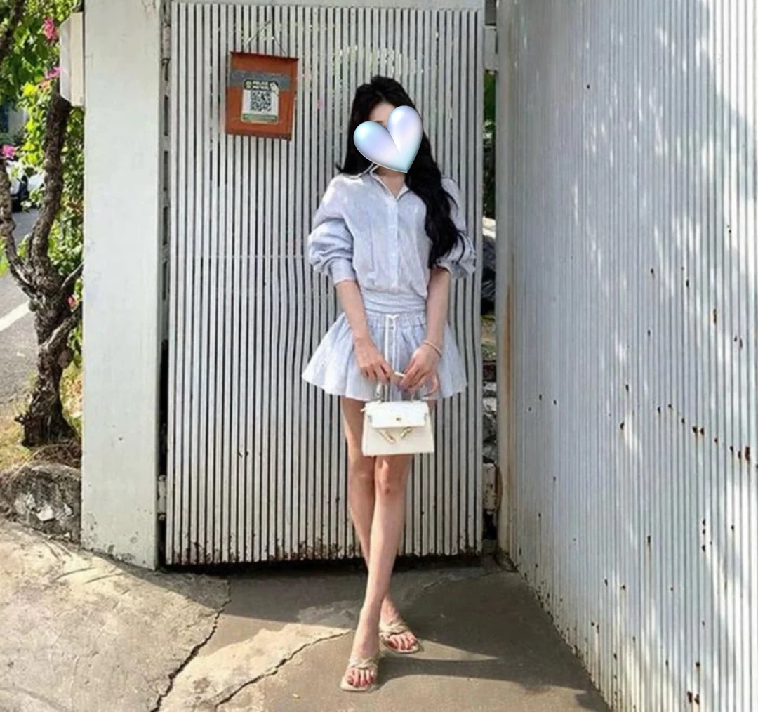 韩系复古学院风条纹翻领长袖衬衫女春季高腰显瘦半身裙休闲两件套