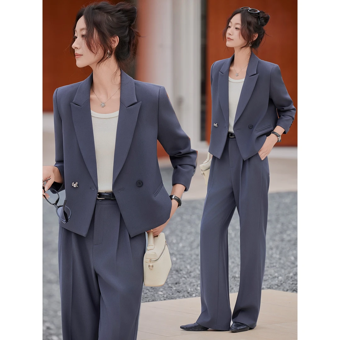 灰色西装外套女2025新款春秋季职业休闲小个子短款西服套装两件套