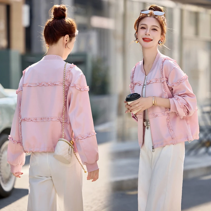 小个子韩版时尚花边洋气减龄宽松休闲短款外套2025春装新款上衣