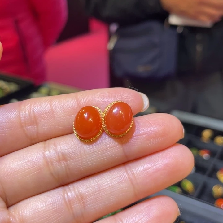 南红玛瑙银S925镶嵌耳饰