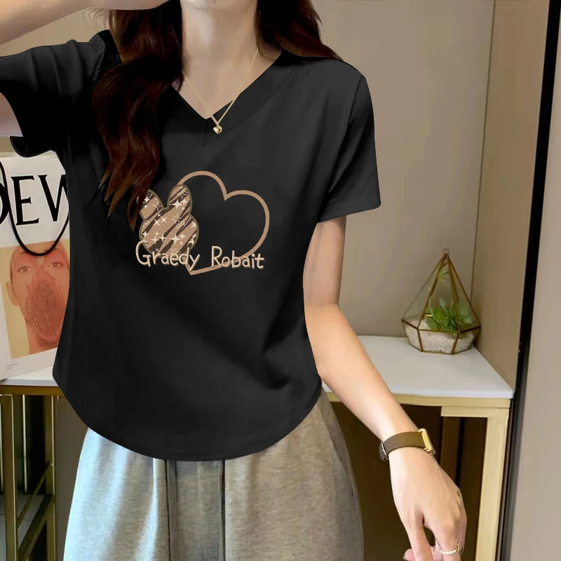 不规则圆弧下摆修身显瘦短袖T恤女士夏季款纯欲风辣妹V领印花上衣