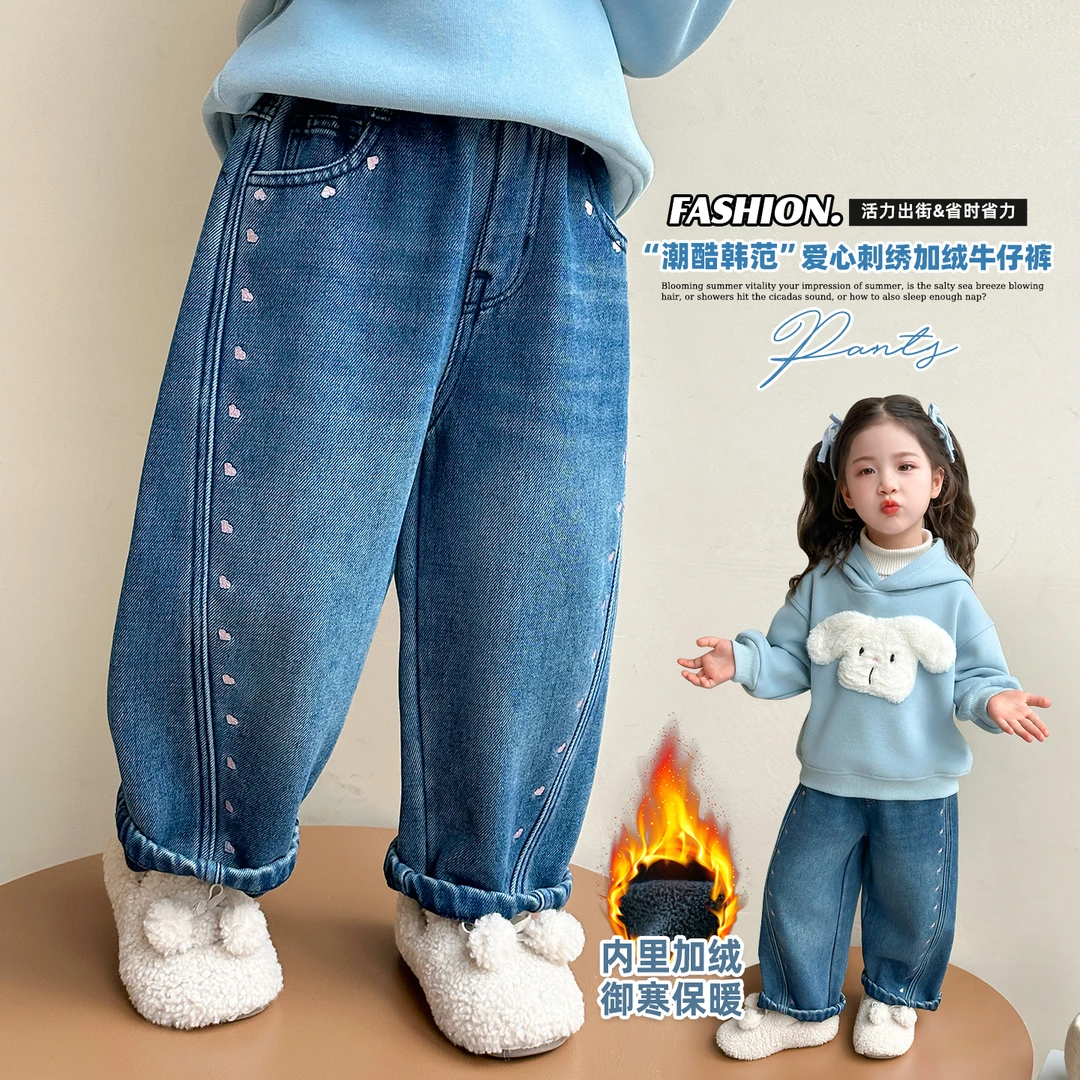 女童加绒牛仔裤一体绒儿童秋冬装加厚老爹裤子女宝宝保暖休闲裤潮