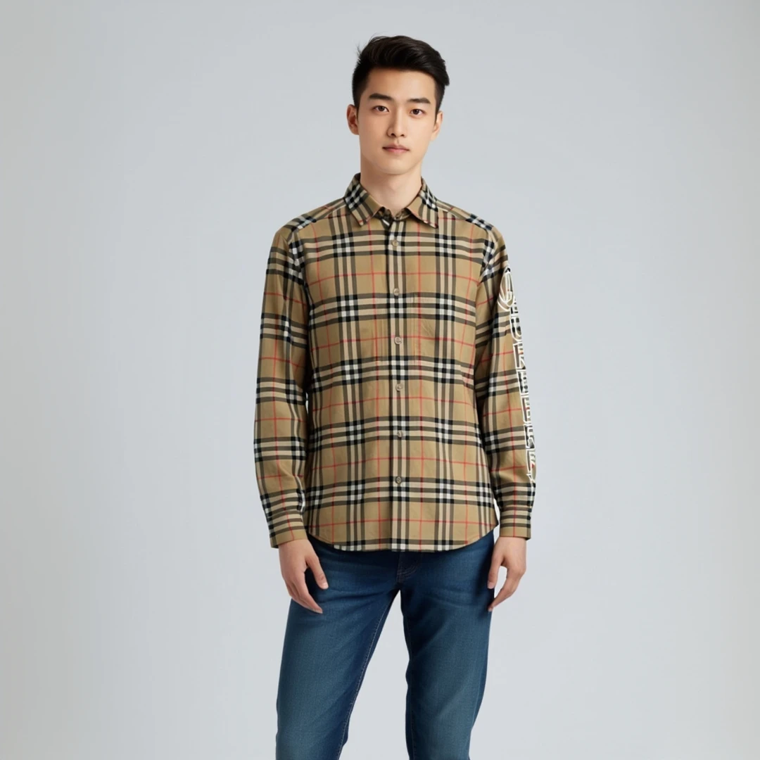99新 BURBERRY/博柏利 12832171 手臂印花翻领衬衫 卡其色 M码
