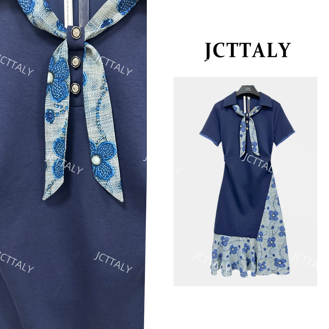 【Linda】【78】拼接蓝色领带韩版女装轻奢修身短袖连衣裙NH-A200