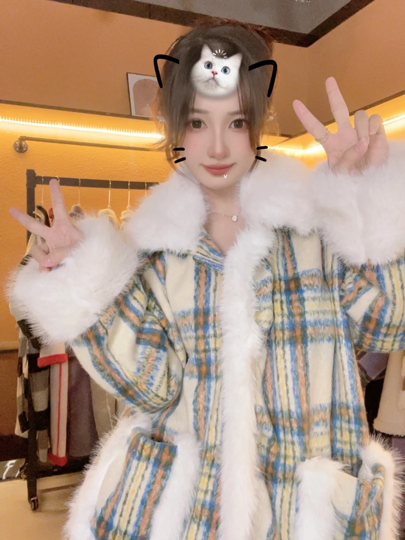 【301-400】VV家大码毛呢皮毛一体外套女秋冬2024韩系加厚长款大衣