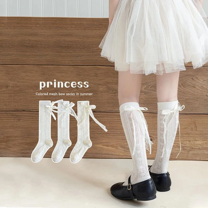 女童袜子夏季轻薄款网眼袜韩版ins蕾丝飘带蝴蝶结公主小腿袜夏
