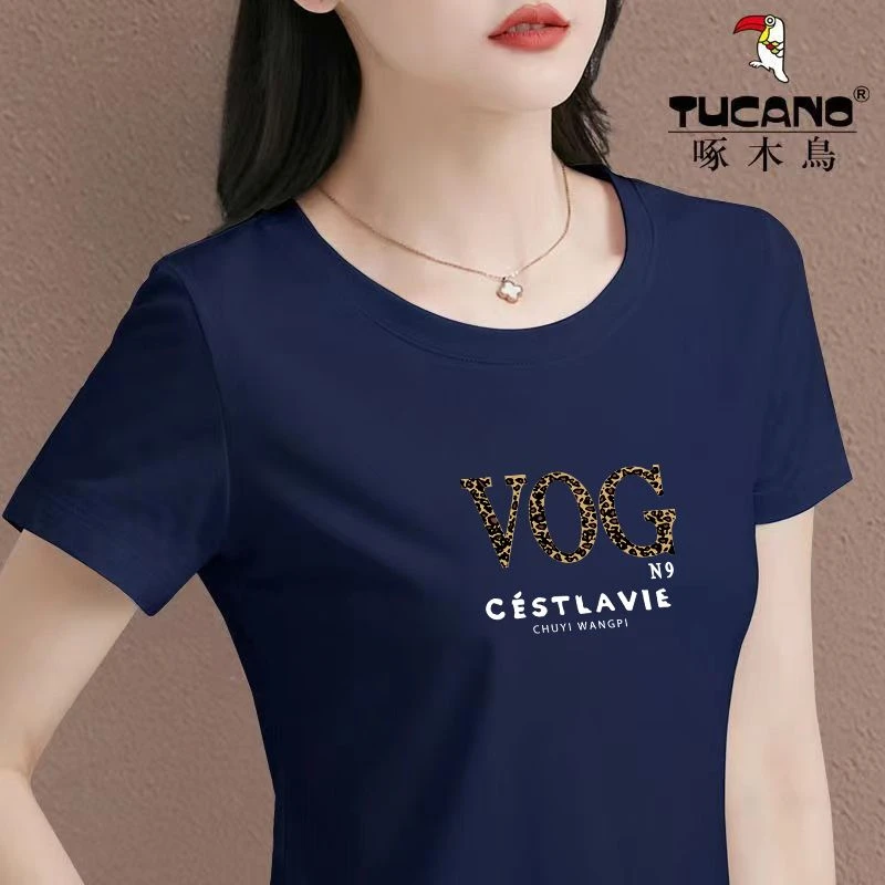 啄木鸟新款妈妈装显瘦T恤女爆款减龄圆领上衣简约短袖2025年夏季