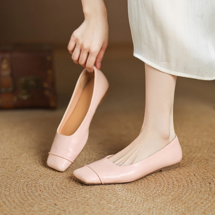 诗宝斐尔法式优雅方头浅口单鞋女春夏款真皮软底豆豆鞋红色平底鞋