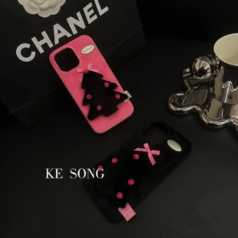 韩系ins网红款圣诞树毛绒全包硬壳适用苹果16/15/14/13手机壳