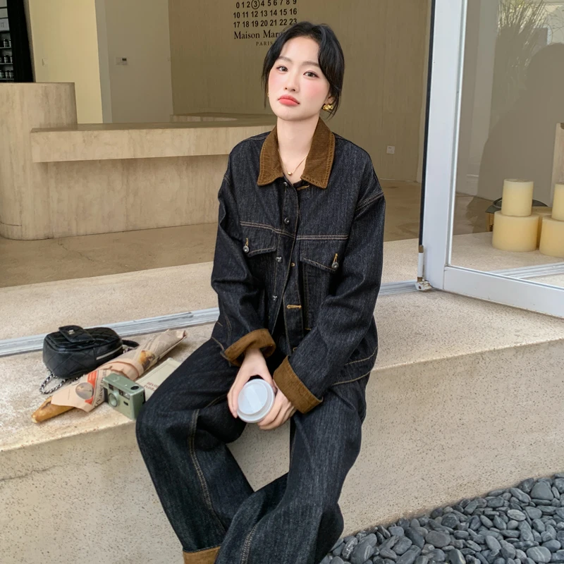 牛仔套装女秋季2025新款韩版设计感小众宽松休闲外套直筒裤两件套