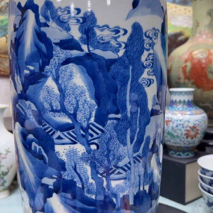 瓶风*青花瓷山水人物棒槌瓶