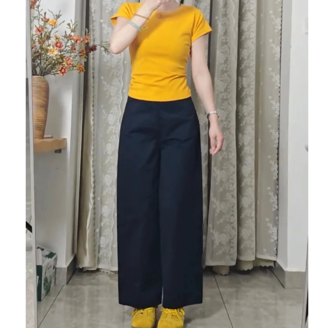 Y夏季高腰阔腿直筒九分裤洋气女款气质休闲显瘦T恤上衣纯色短袖
