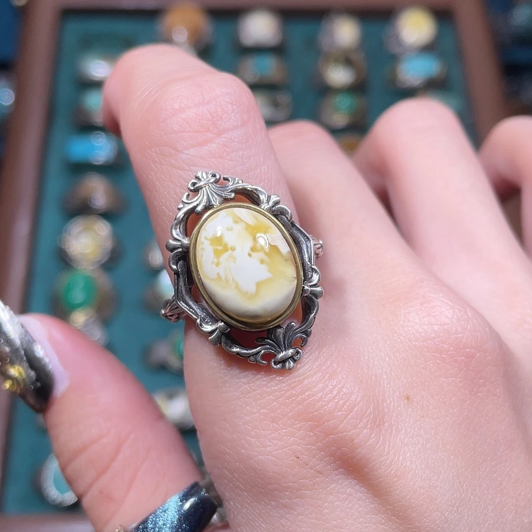 琥珀银S925镶嵌戒指