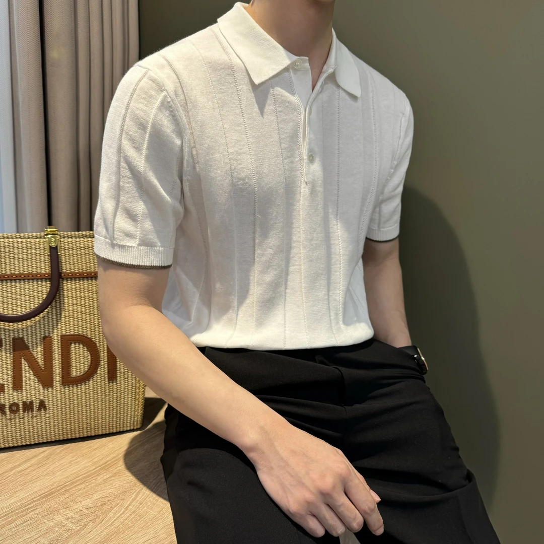 WUSHE物社【棉麻】高精品14针男士短袖POLO衫时尚百搭翻领针织T恤夏