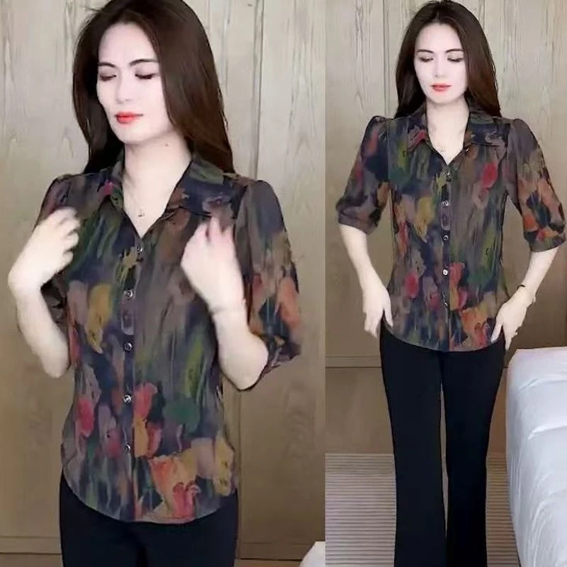 俞兆林时尚高级感印花衬衫女夏季新款气质轻奢风妈妈装百搭显瘦遮