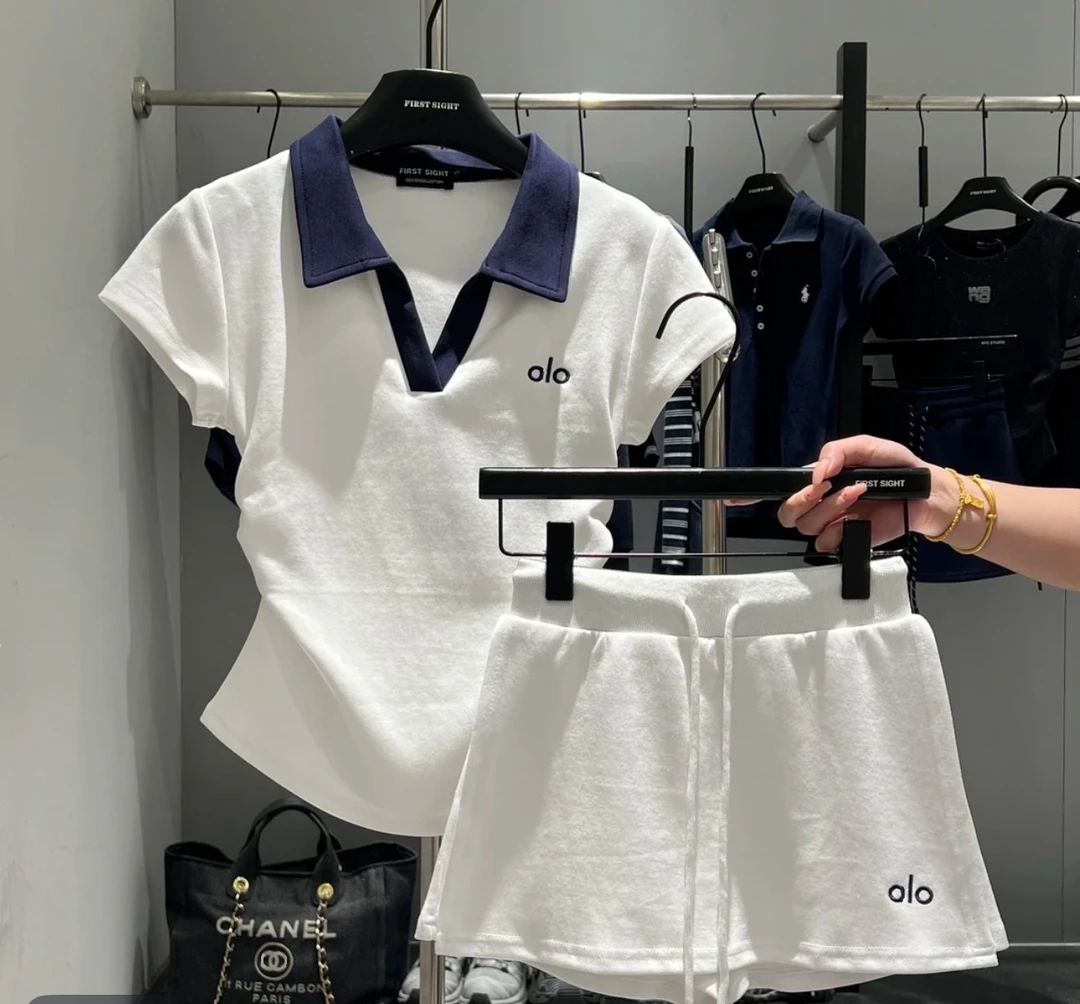 夏季休闲简约刺绣POLO领撞色复古T恤百搭圆领时尚显瘦上衣女 8190