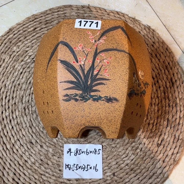 紫砂花盆  柴烧兰草彩绘宫灯六方1771